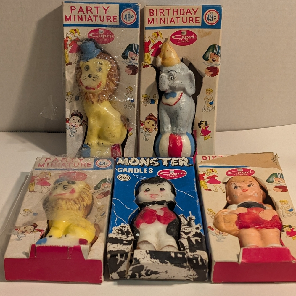 Vintage Candles In Original Boxes.  Dracula, Girl, Elephant And 2 Lions.